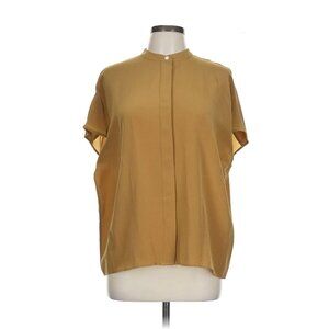 NWT LilySilk Stand Collar Cap Sleeve Blouse in Gold Silk Button-up Top L